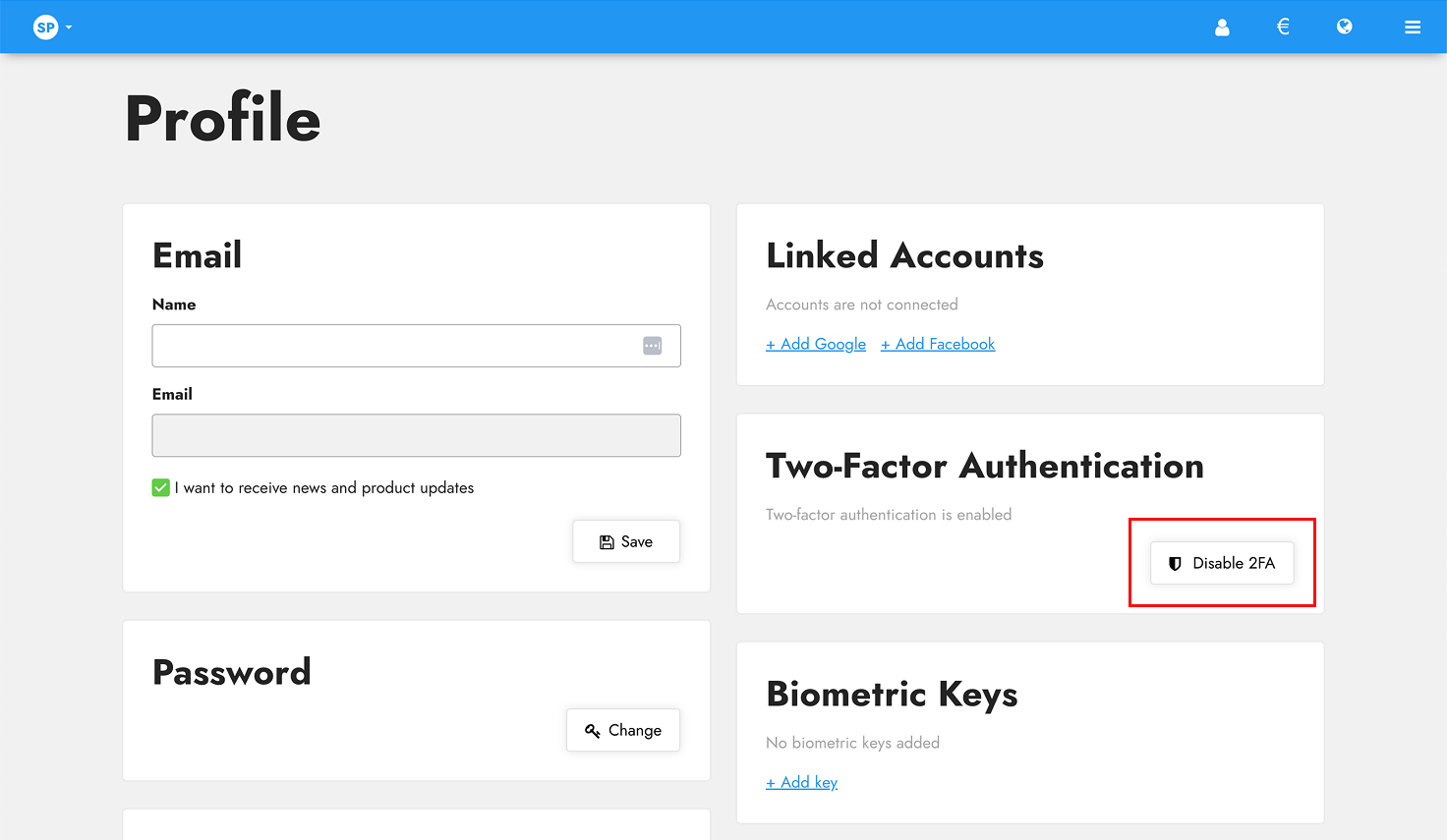 Disable 2FA button in Site.pro